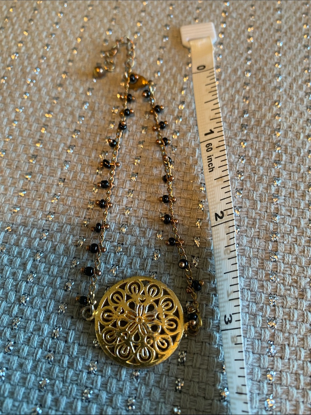 Gold Filigree Pendant Bracelet with Black Bead Chain
